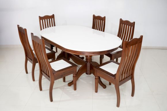 #A1 White Streak – Teak Wood (Marble Top Dining Table Set)