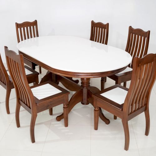 #A1 White Streak – Teak Wood (Marble Top Dining Table Set)